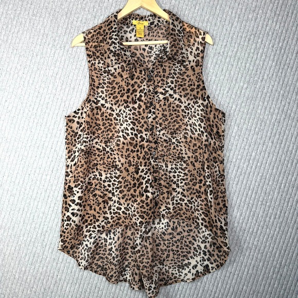 Leopard Print Tank Top Button Down‎ High Low Blouse Womens 3X Sheer Lightweight - Picture 1 of 6